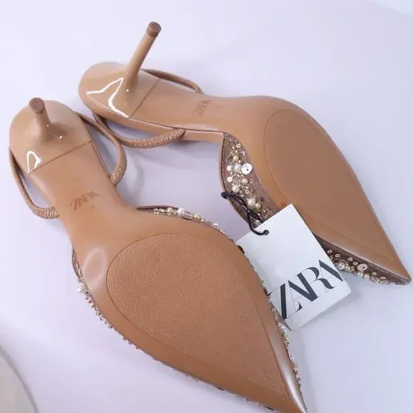 ZARA NWT Mesh Beaded Slingback Heel Light Brown Women's 38/US 7.5 - Picture 7 of 8